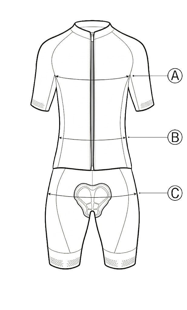 Diagrama de tallas - Jersey y bib shorts con puntos de medición A (pecho), B (cintura), C (cadera)